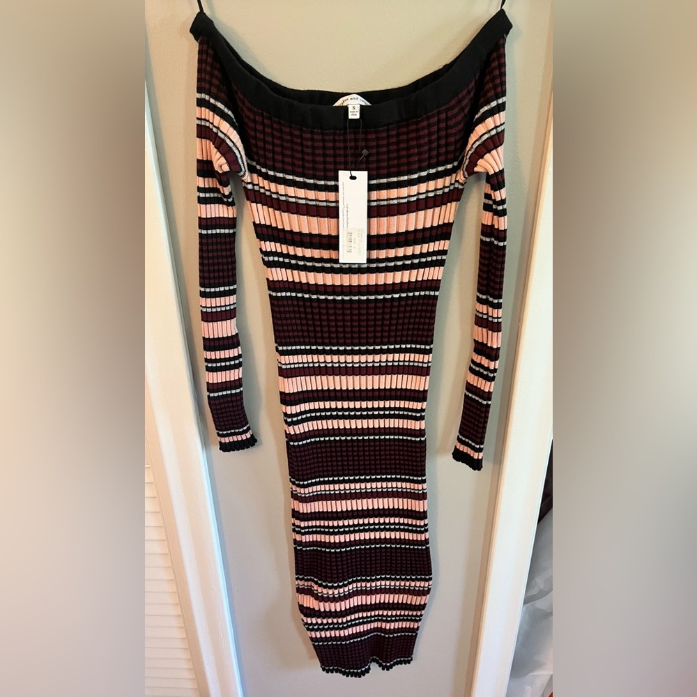 Cupcakes & Cashmere off the shoulder striped sweater dress